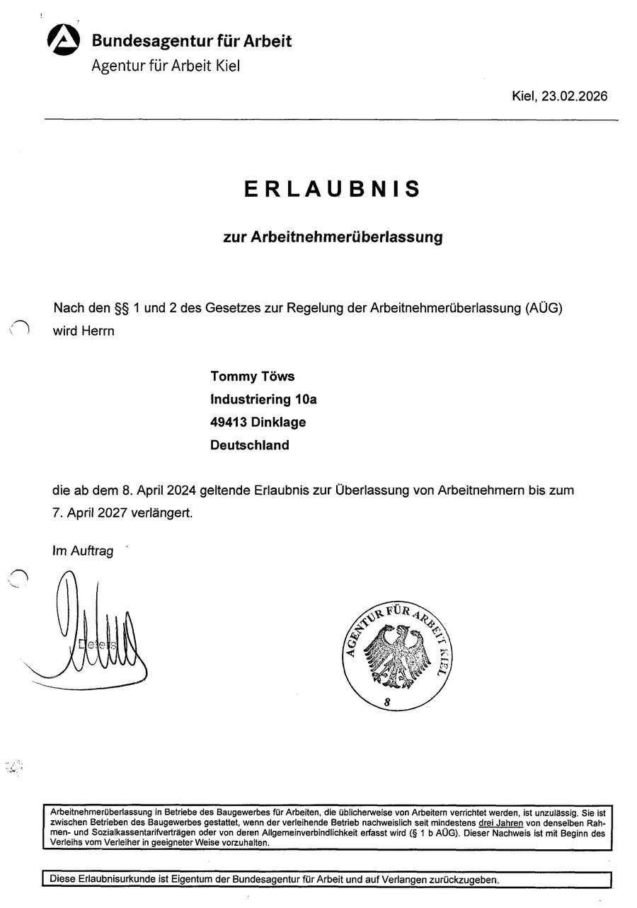Erlaubnisurkunde der Bundesagentur für Arbeit zur Arbeitnehmerüberlassung für Tempus Work